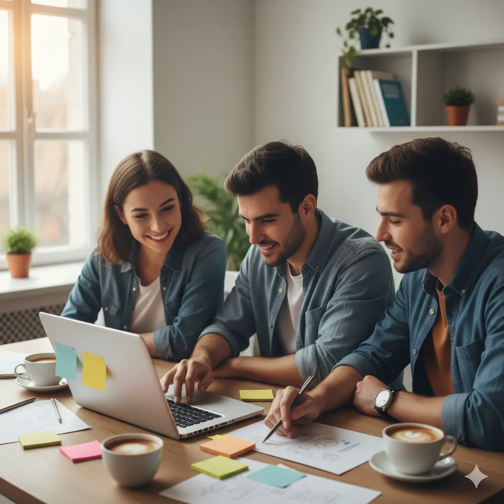 Startup team brainstorming brand strategy